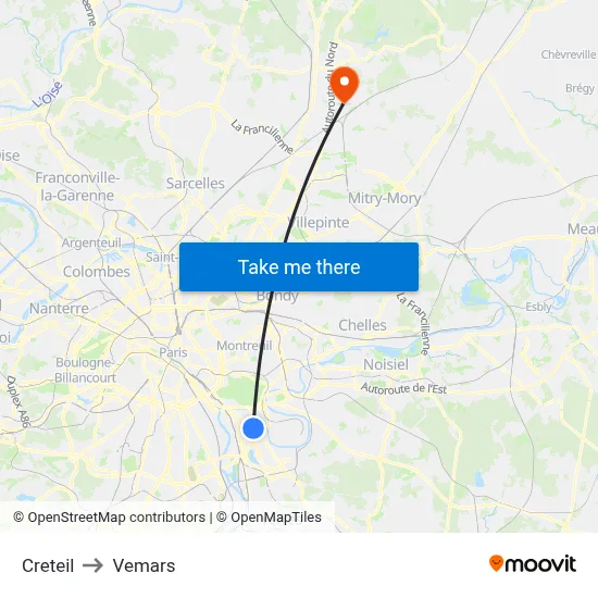 Creteil to Vemars map