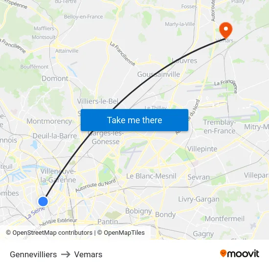 Gennevilliers to Vemars map