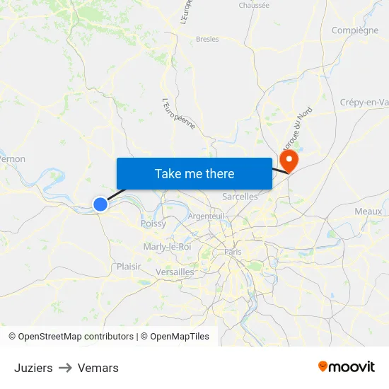 Juziers to Vemars map