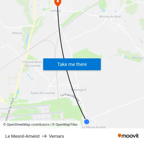 Le Mesnil-Amelot to Vemars map