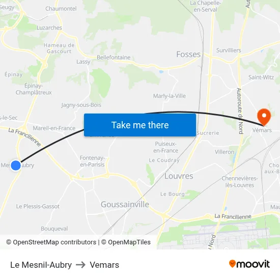 Le Mesnil-Aubry to Vemars map
