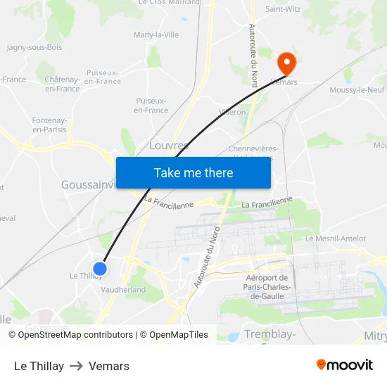 Le Thillay to Vemars map