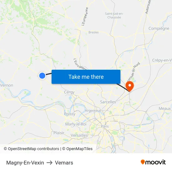 Magny-En-Vexin to Vemars map