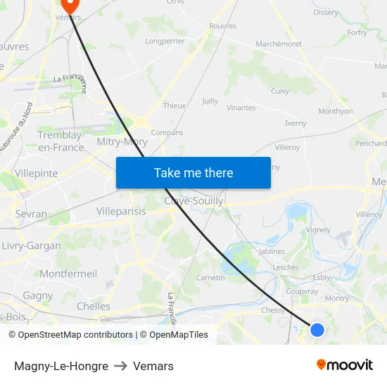 Magny-Le-Hongre to Vemars map
