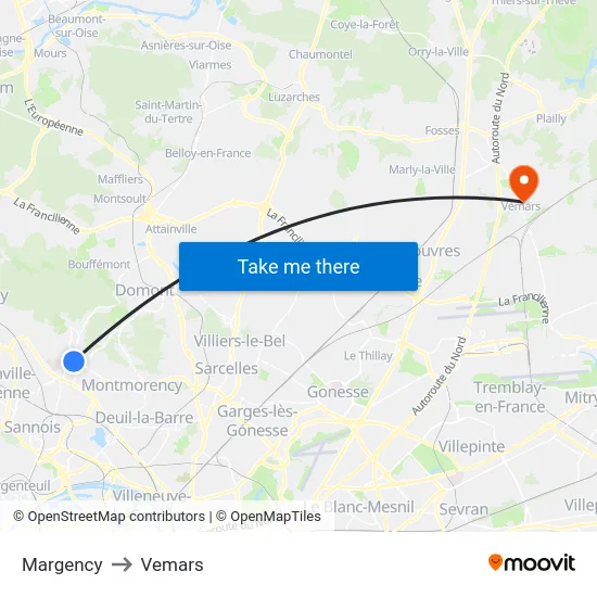 Margency to Vemars map