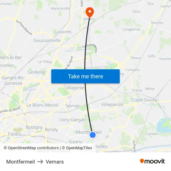 Montfermeil to Vemars map