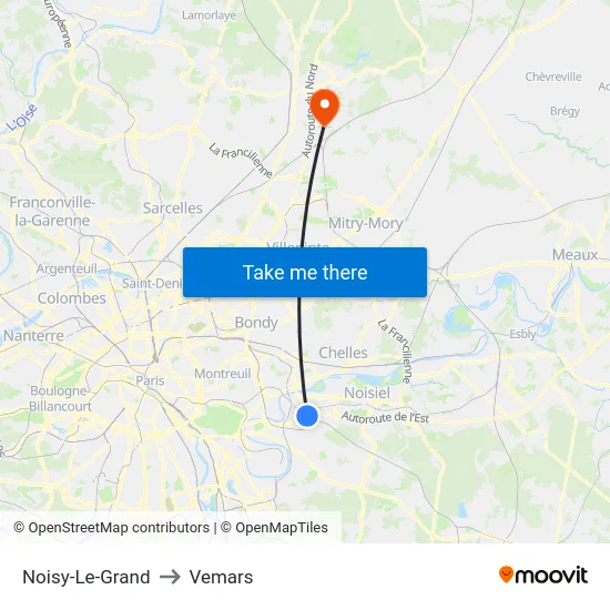 Noisy-Le-Grand to Vemars map