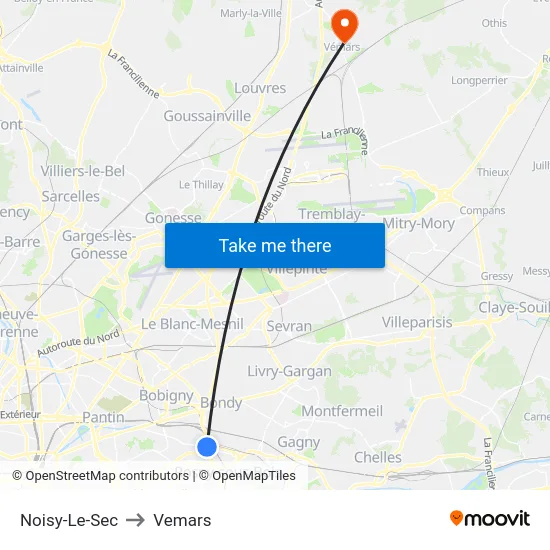 Noisy-Le-Sec to Vemars map