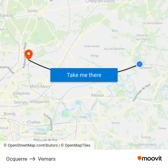 Ocquerre to Vemars map