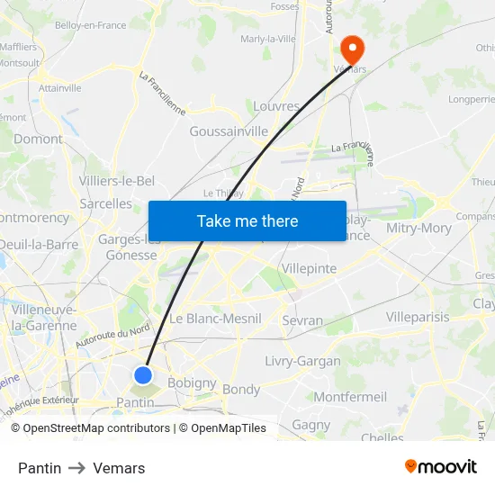 Pantin to Vemars map