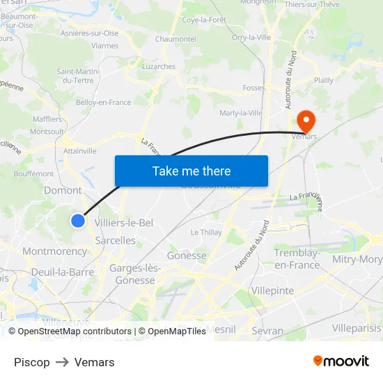 Piscop to Vemars map