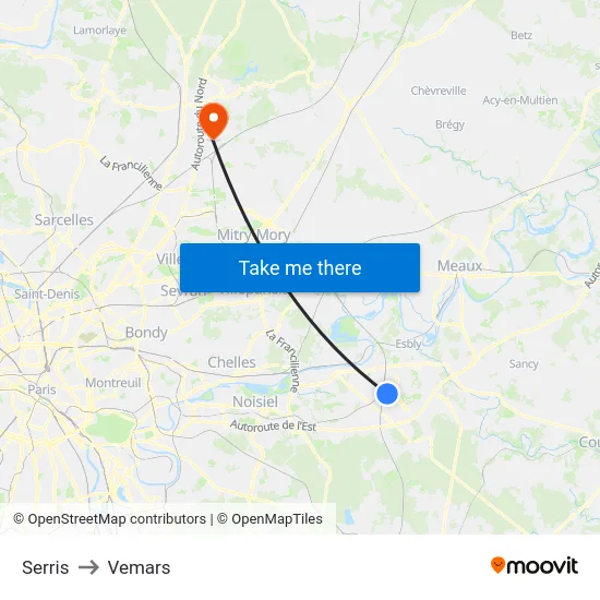 Serris to Vemars map