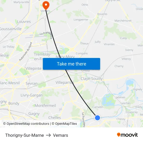 Thorigny-Sur-Marne to Vemars map