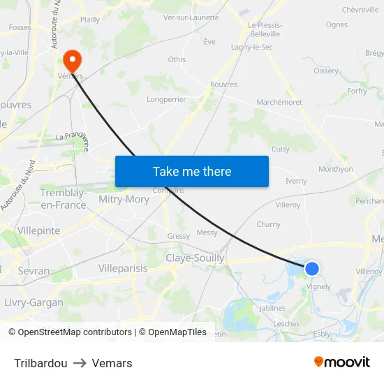 Trilbardou to Vemars map