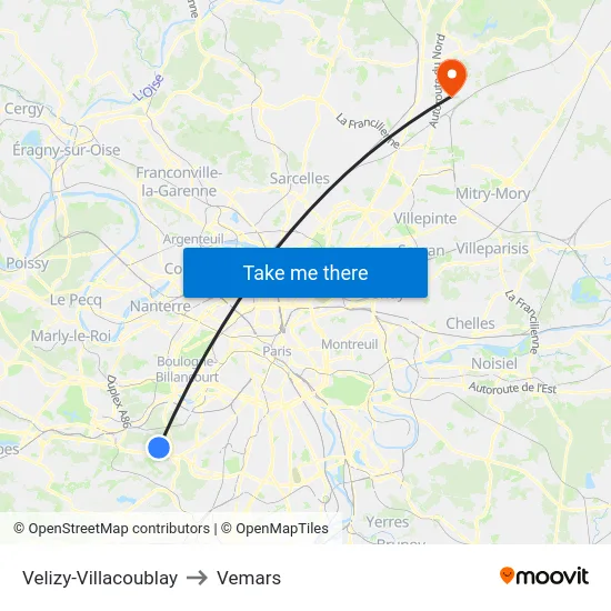 Velizy-Villacoublay to Vemars map