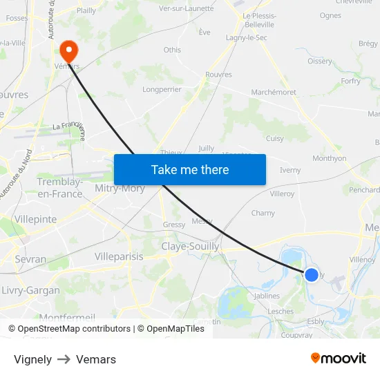 Vignely to Vemars map