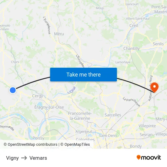 Vigny to Vemars map