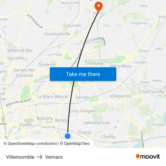Villemomble to Vemars map