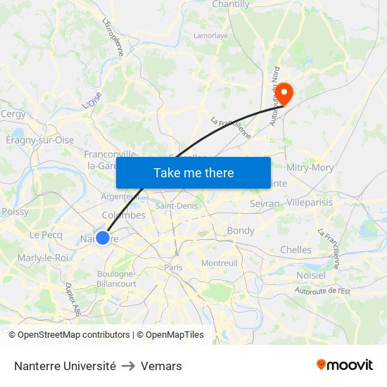 Nanterre Université to Vemars map
