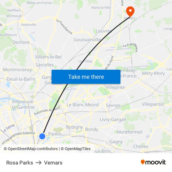 Rosa Parks to Vemars map