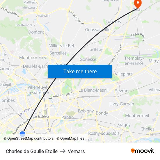 Charles de Gaulle Etoile to Vemars map