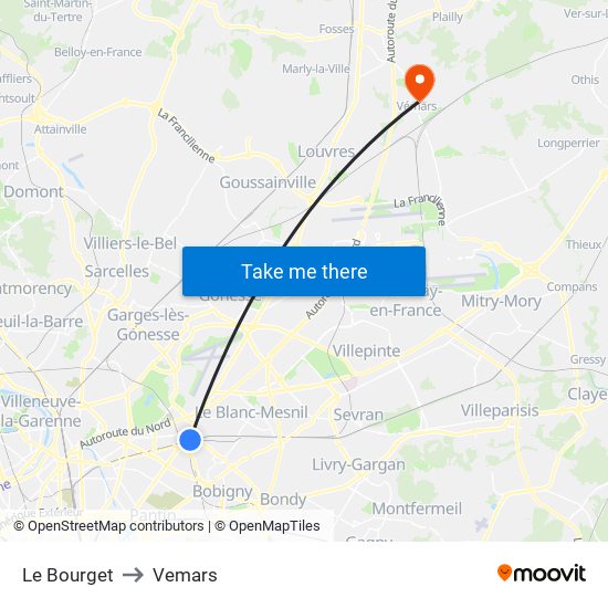 Le Bourget to Vemars map