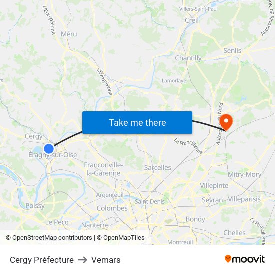 Cergy Préfecture to Vemars map
