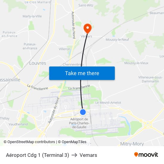 Aéroport Cdg 1 (Terminal 3) to Vemars map