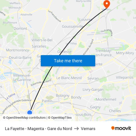 La Fayette - Magenta - Gare du Nord to Vemars map