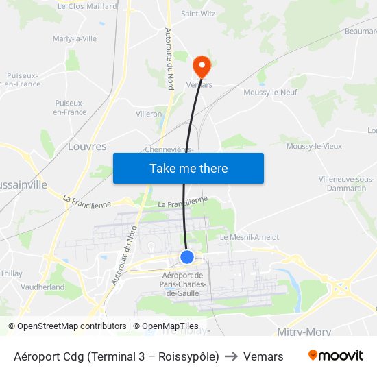 Aéroport Cdg (Terminal 3 – Roissypôle) to Vemars map