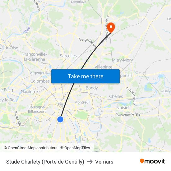Stade Charléty (Porte de Gentilly) to Vemars map