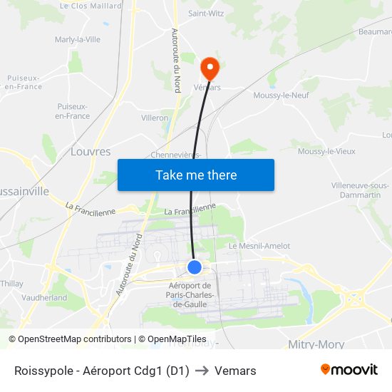 Roissypole - Aéroport Cdg1 (D1) to Vemars map