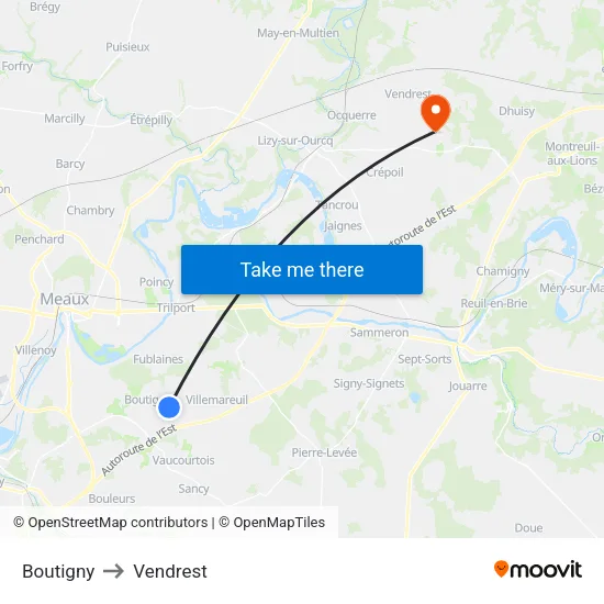 Boutigny to Vendrest map