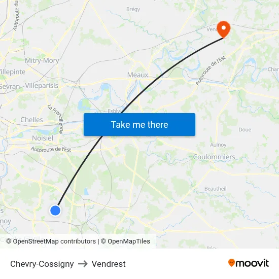 Chevry-Cossigny to Vendrest map