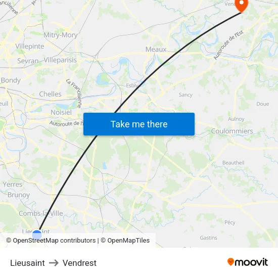 Lieusaint to Vendrest map