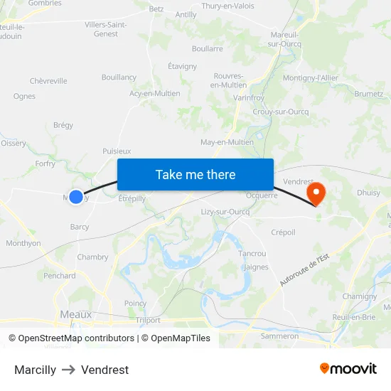 Marcilly to Vendrest map