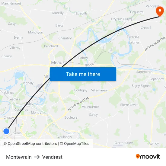 Montevrain to Vendrest map