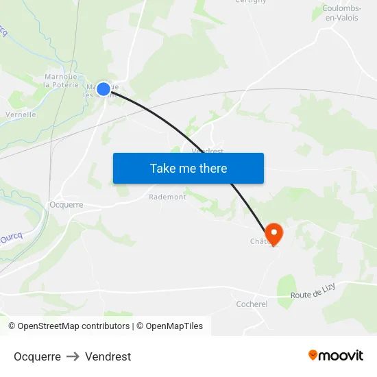 Ocquerre to Vendrest map