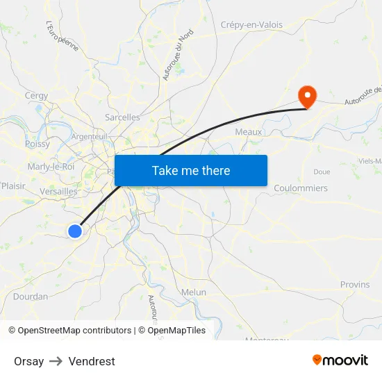 Orsay to Vendrest map