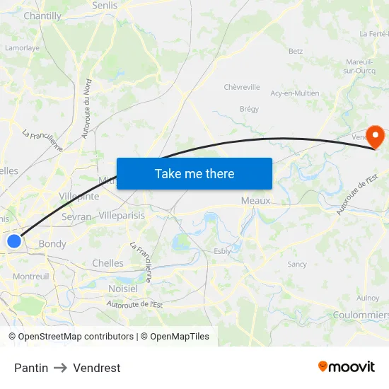 Pantin to Vendrest map