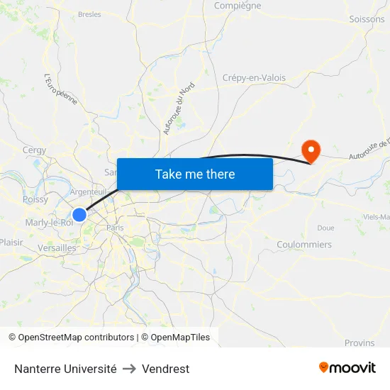 Nanterre Université to Vendrest map