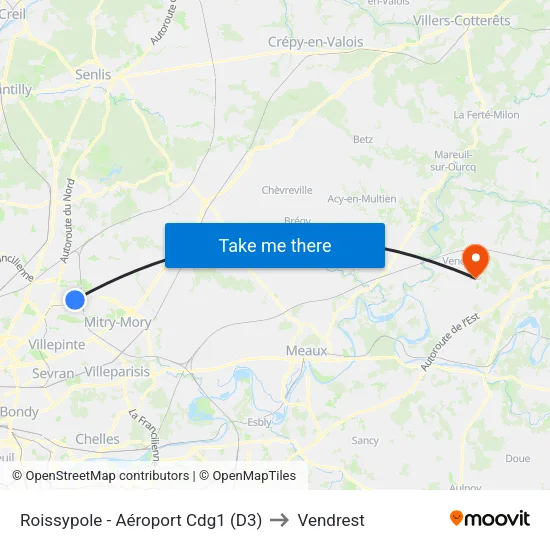 Roissypole - Aéroport Cdg1 (D3) to Vendrest map