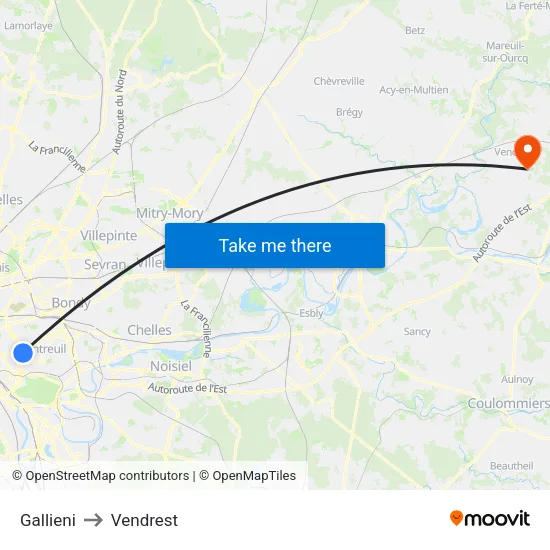Gallieni to Vendrest map