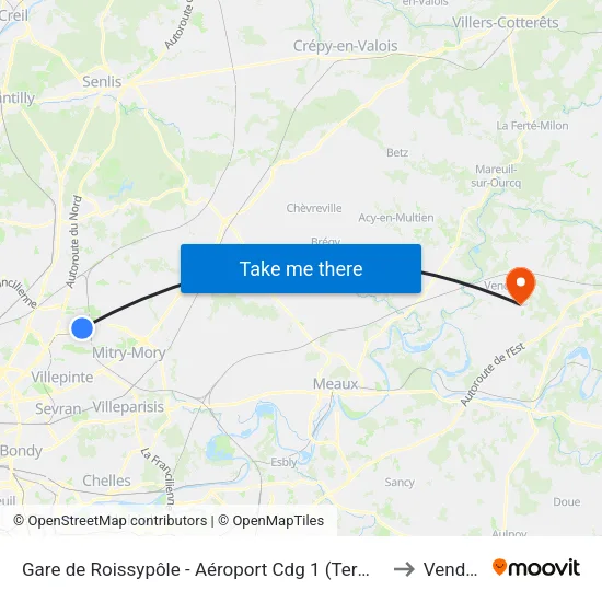 Gare de Roissypôle - Aéroport Cdg 1 (Terminal 3) (G2) to Vendrest map
