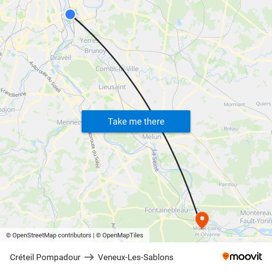 Créteil Pompadour to Veneux-Les-Sablons map