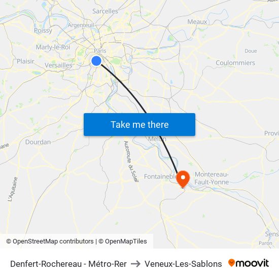 Denfert-Rochereau - Métro-Rer to Veneux-Les-Sablons map