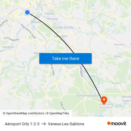 Aéroport Orly 1-2-3 to Veneux-Les-Sablons map