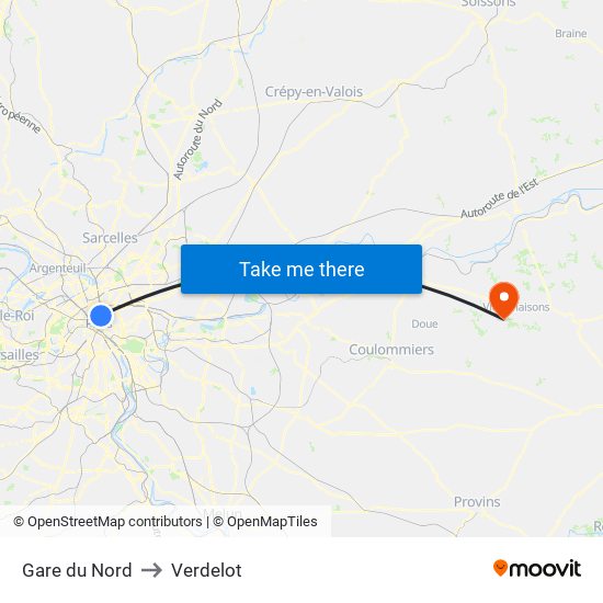 Gare du Nord to Verdelot map