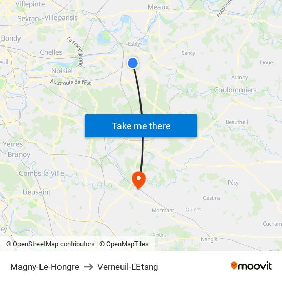 Magny-Le-Hongre to Verneuil-L'Etang map