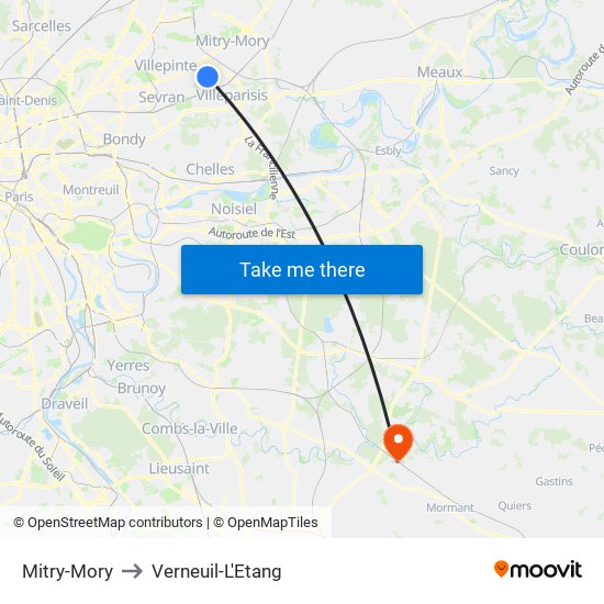 Mitry-Mory to Verneuil-L'Etang map